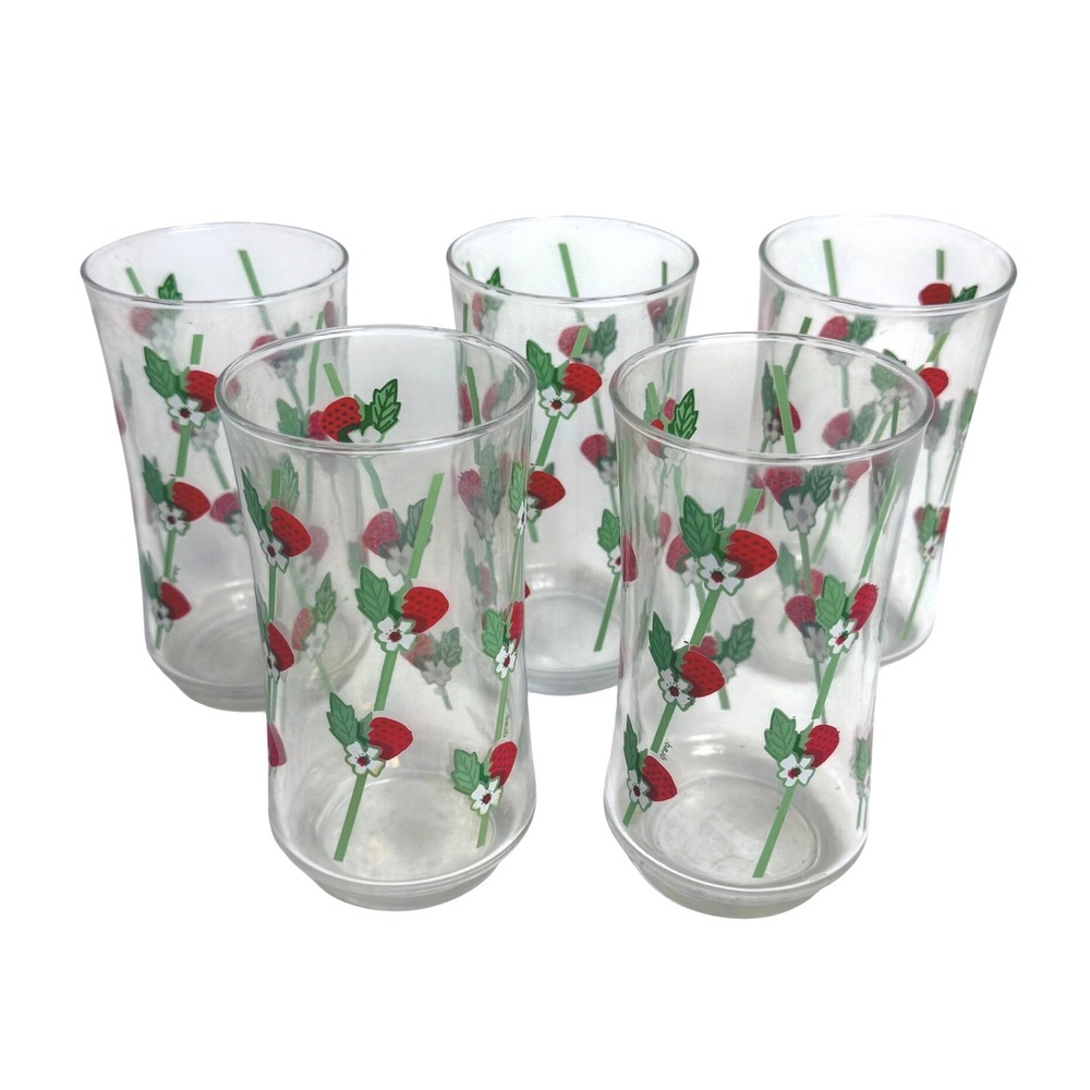 Vintage Greg Flowers Strawberry Vine Glass Tumblers Retro Set of 5 Red Green